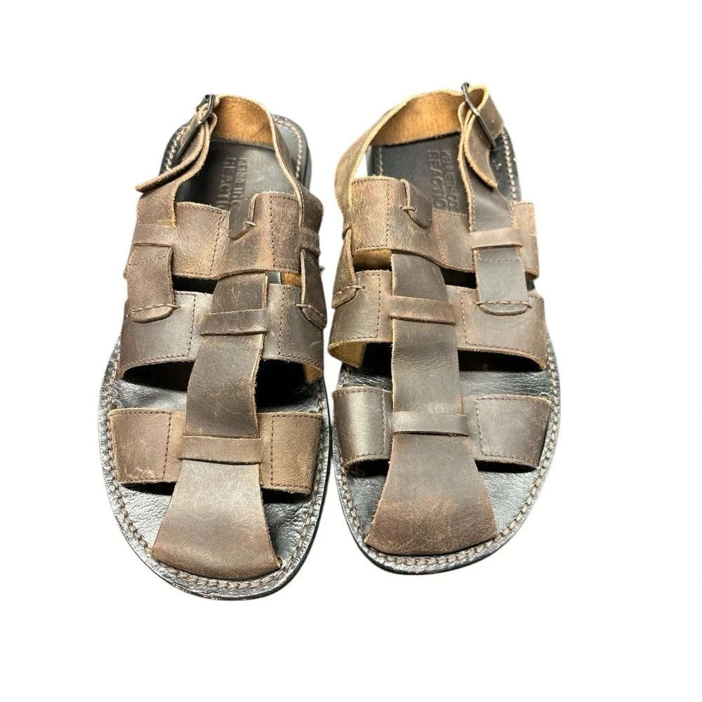 Kenneth Cole Reaction Sandals Mens Brown Leather Fisherman Buckle Close Toe Sz 9